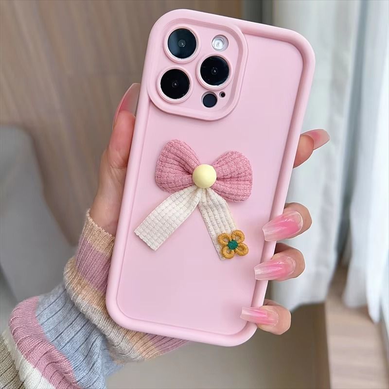 Custodia per telefono in tessuto 3D con fiocco rosa e fiori per iPhone 15, 16, 11, 12, 13, 14 Pro Max, 16E, XS X XR, 7, 8 Plus, SE 2020, in silicone morbido_voghion.com