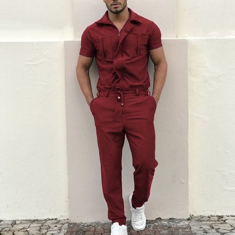 Roupas masculinas comércio exterior novo macacão masculino cor sólida moda casual zíper controle de acesso personalizado uma peça de roupa_voghion.com