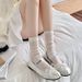 Sommer Neue Mary Jane Schuhe Vertikale Streifen Miu Stil Weiß Lange Röhre Dünne Einfarbige Slouch Socken_voghion.com