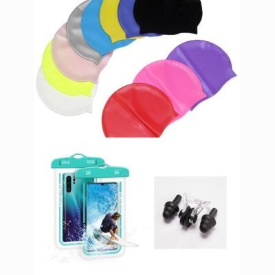 (Color Random) Waterproof Bag Earplugs Nose Clips Silicone Swim Cap Combo Set_voghion.com