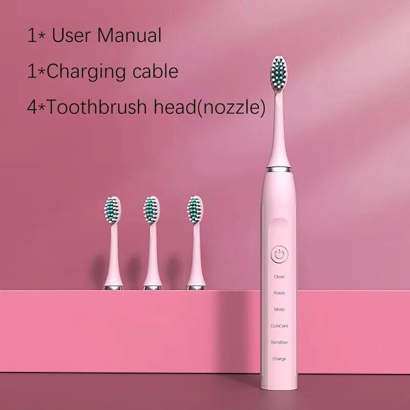 Elektrische Ultraschall-Zahnbürste für Erwachsene, Timer-Zähne, automatischer Vibrator, Sonic Whitening, IPX7 wasserdicht, 4 Bürstenköpfe_voghion.com
