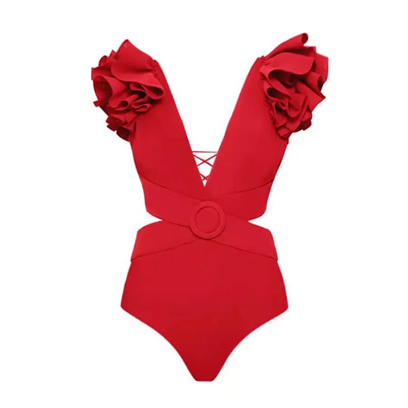 2023 nuevo traje de baño de una pieza de color sólido con volantes y cuello en V cintura recortada traje de baño europeo y americano_voghion.com