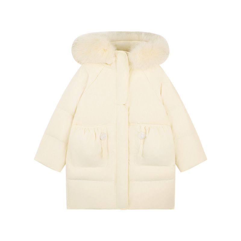 Amybaby Girls Down Jacket Winter 2024 New Style Milky Fur Collar Hooded Mid Length Down Jacket_voghion.com