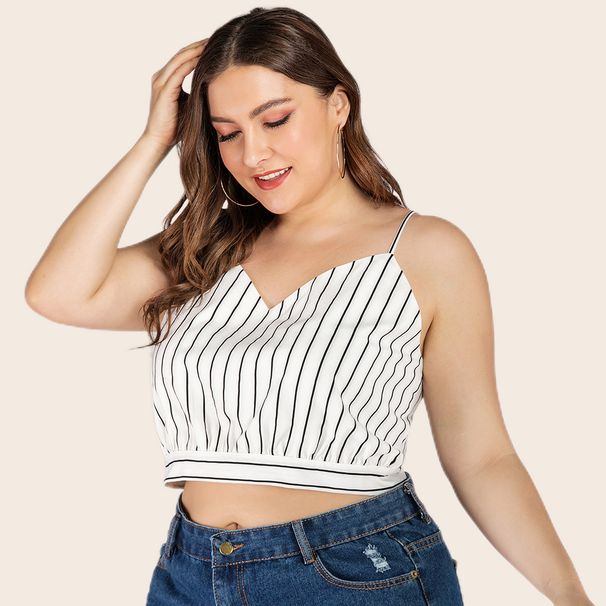 2023 Summer New Large Women's Black and White Stripe Reggiseno con spalle scoperte Canotta casual JR327_voghion.com