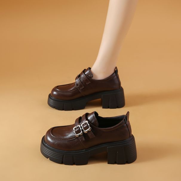 Loafer mit mittlerem Absatz, Damenschuhe mit dickem Absatz, vielseitiges, kleines Fußbett, schwarzes Leder_voghion.com