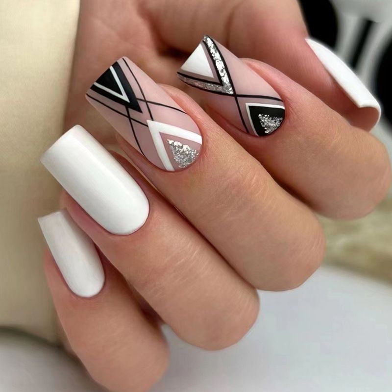 Glitter Wave 24st linjedesign falska nagelspets kort fyrkantigt huvud falska naglar med lim Bärbar heltäckande press s_voghion.com