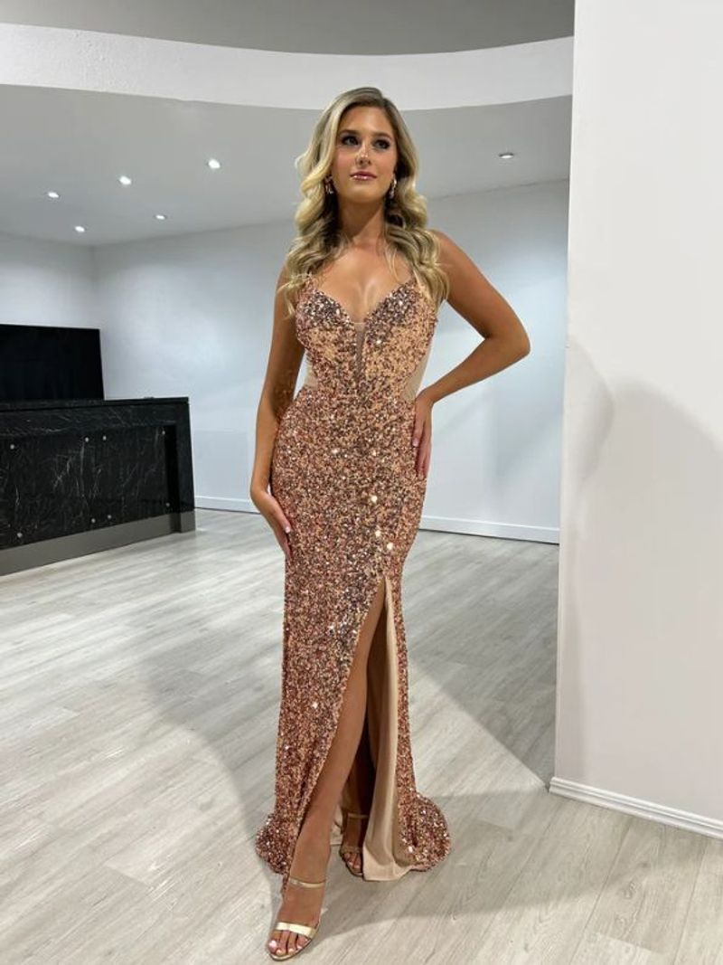 Women's new sequin slit sexy suspender dress high-end temperament waist banquet dress_voghion.com