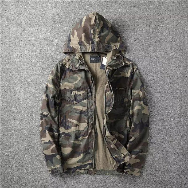 Men's Clothing Retro washed street style hooded zipper drawstring multi pocket workwear   jacket camouflage coat tops trendy men_voghion.com