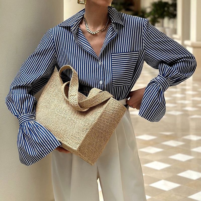 Dameskleding Mode Temperament Gestreept Print Revers Shirt_voghion.com