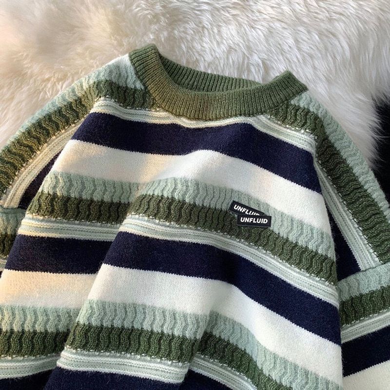 Men's Clothing Lazy Sweater Men's Autumn and Winter Thickened Retro Round Neck Striped Knitted Sweater Couple Fashion Sweater_voghion.com