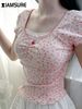 hot selling IAMSURE Sweet Cute Lace Trim Floral T Shirt Sexy Slim Patchwork Square Collar Short Sleeve Tees Women 2024 Summer_voghion.com