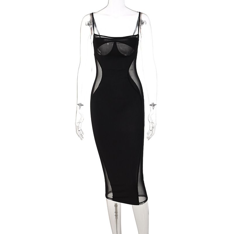 Feng 2023 Sommer Beliebtes neues Mesh Splice Solid Color Chest Support Slim Fit Kleid für Frauen_voghion.com