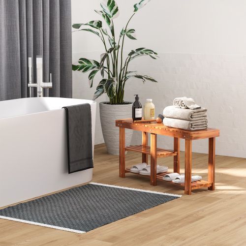 3-Tier Shoe Rack Bench, Acacia Wood Shoe Organizer, Rustic Entryway Bench With Storage Shelves For Entryway, Hallway, Livingroom, Teak_voghion.com