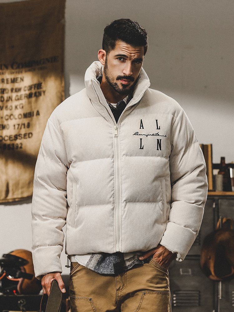 Schwere gesteppte Daunenjacke für Herren, kurzer Wintermantel mit Stehkragen, dickem, warmem Fleecefutter, 550er Füllkraft, weiße Gänsedaunen_voghion.com