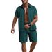2025 Summer Men's Casual Turn-down Collar Button Color Block Shirt Short Sleeve Shorts Set For Men_voghion.com