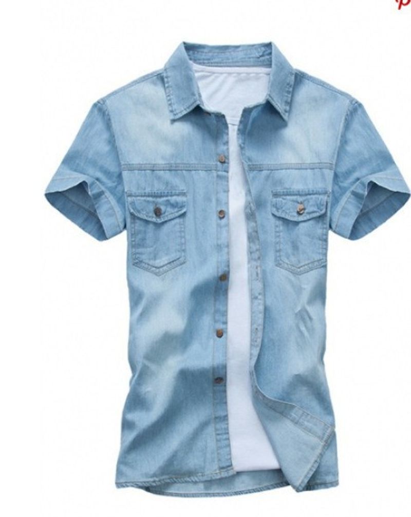 Camicia a maniche corte in denim da uomo estivo di vendita diretta in fabbrica camicia sottile marea Versione coreana del dropshipping in un pezzo a mezza manica con foro_voghion.com