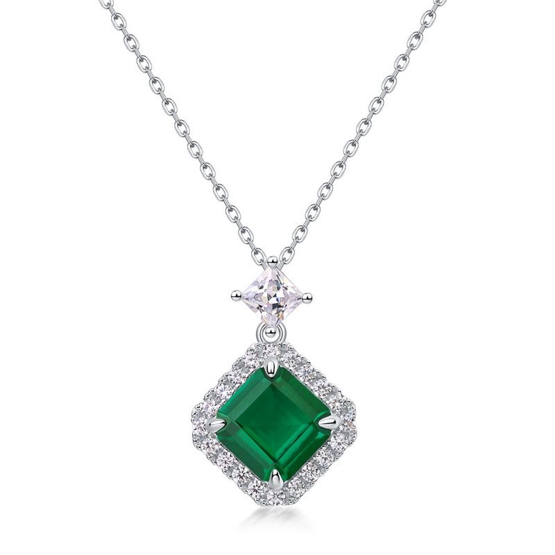 Pendente retrò in smeraldo coltivato quadrato S925 in argento completamente intarsiato con pietre preziose colorate brillanti, ciondolo leggero di lusso_voghion.com
