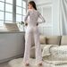 Heißer Verkauf Deep V Spitzenbesatz Knopfärmel Lange Hosen Pyjamas Damen Homewear Zweiteiliges Set_voghion.com
