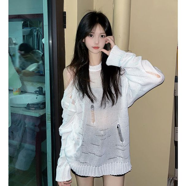 Dolce ragazza piccante sexy maglione lavorato a maglia traforato per donna design ampio e lazy con spalle scoperte protezione solare_voghion.com
