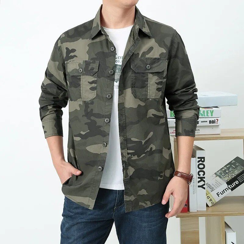 Chemise en coton pour hommes printemps automne à manches longues chemise de Camouflage hommes en plein air décontracté coton respirant chemises pour hommes grande taille M-5XL_voghion.com
