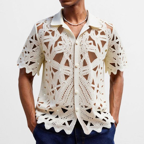 Kurzarmhemd aus Häkelstrick für Herren – Atmungsaktiver Spitzenpullover mit Fleece-Details für die Freizeit_voghion.com