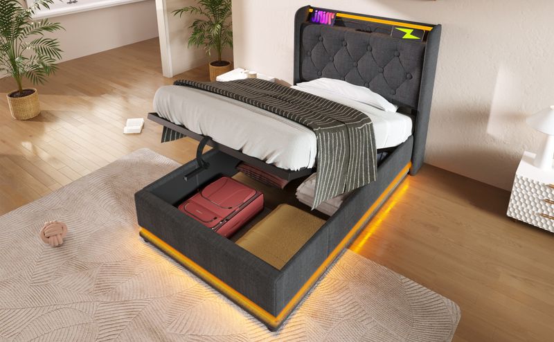 Polsterbett Einzelbett,360-Surround-LED-Funktion, Drucktaste/App/Fernbedienung,90*200 Cm, Grau Leinen-Material Hydraulisches Lagerbett, Gepolstertes Kopfteil Mit USB Typ-C Ladefunktion (Ohne Matratze)_voghion.com