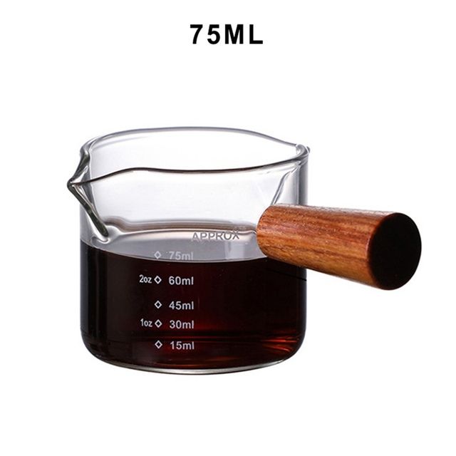 Tazza graduata per caffè espresso in vetro resistente al calore da 70/75 ml, brocca per latte in vetro a doppia bocca con manico in legno, bilancia in vetro, tazze_voghion.com