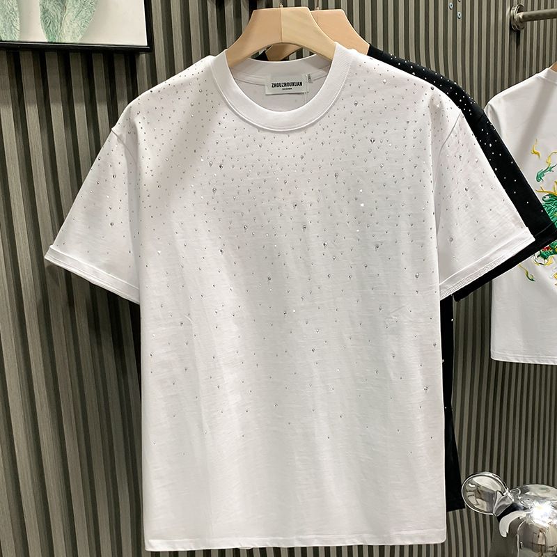 Fashionabla och trendiga märke lätt lyx män kort internet kändis nisch het diamant rund hals ungdom halvärm_voghion.com
