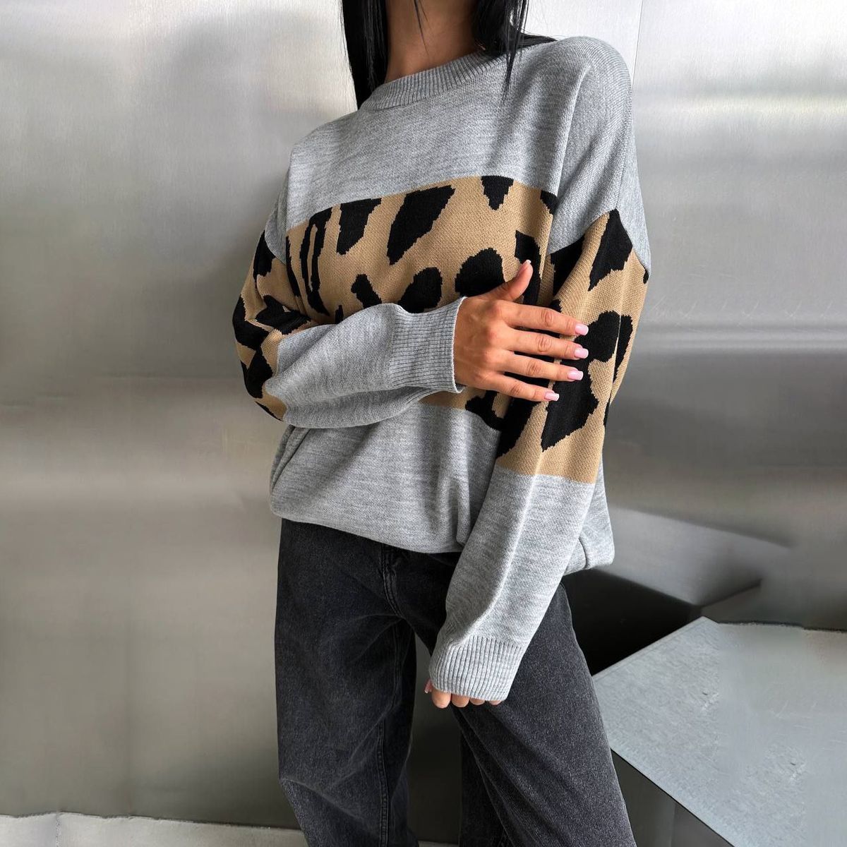 Retro Chic Leopard Print Sweater - Oversized Loose Fit Round Neck Casual Pullover For Women_voghion.com