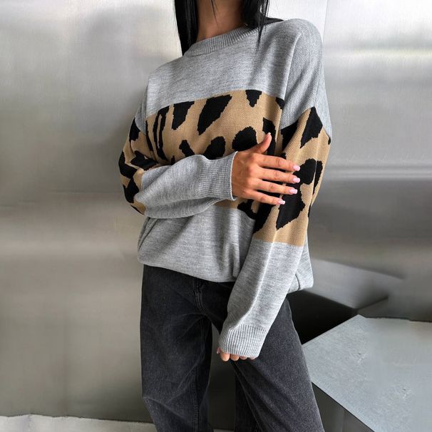 Retro Chic Leopard Print Sweater - Oversized Loose Fit Round Neck Casual Pullover For Women_voghion.com