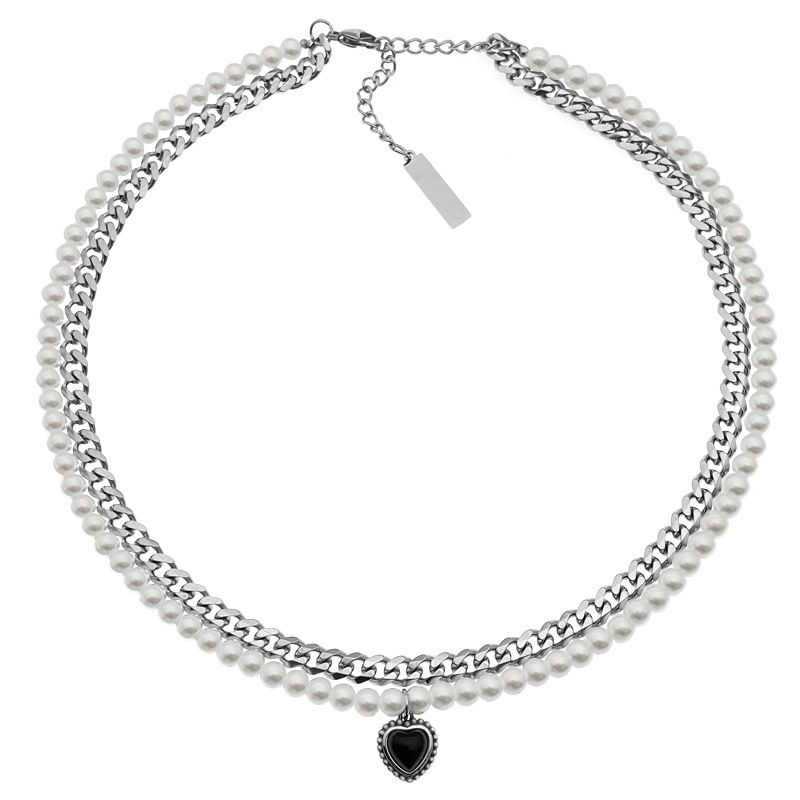 Collana alla moda in acciaio al titanio stile hip hop con ciondolo in zircone e perla, a doppio strato, per uomo e donna_voghion.com