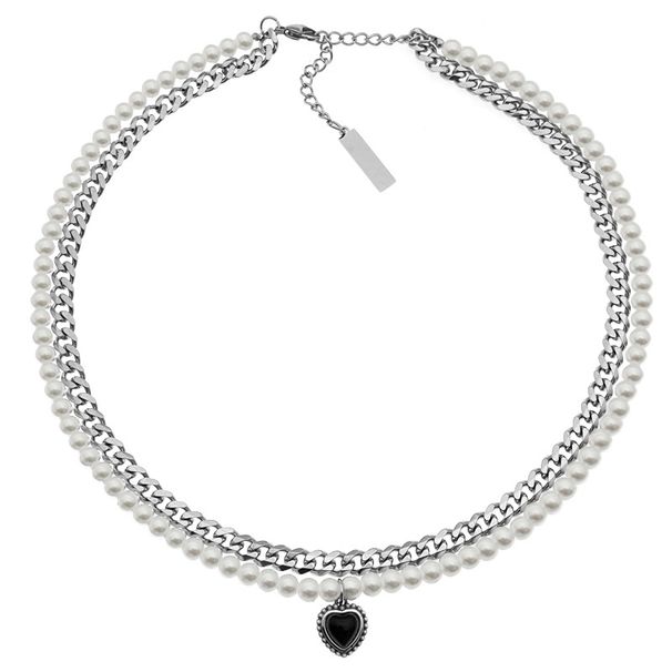Collana alla moda in acciaio al titanio stile hip hop con ciondolo in zircone e perla, a doppio strato, per uomo e donna_voghion.com
