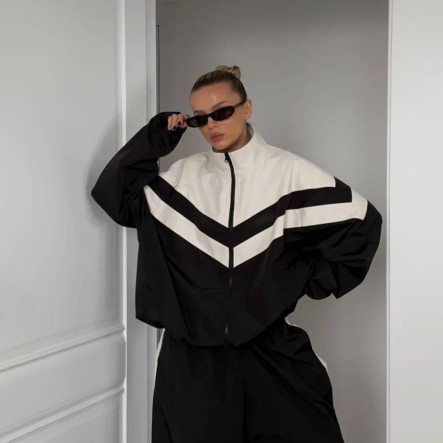 Damenbekleidung Damenmode Street Sports Style Splicing Windbreaker Anzug Zweiteiliger Anzug Damen Frühling und Herbst Locker Atmungsaktiv_voghion.com