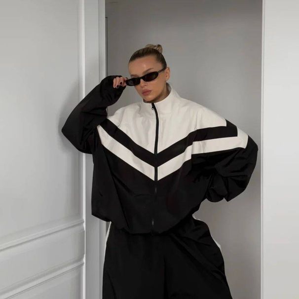 Damenbekleidung Damenmode Street Sports Style Splicing Windbreaker Anzug Zweiteiliger Anzug Damen Frühling und Herbst Locker Atmungsaktiv_voghion.com