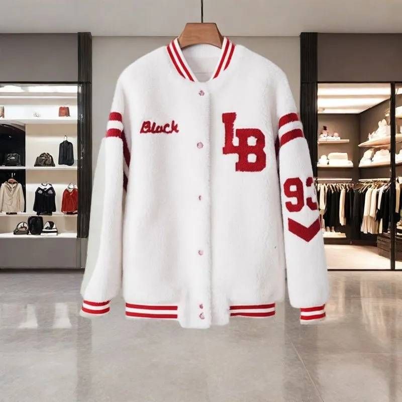 Women's Clothing Plush and thickened temperament coat for women new spring and autumn letter loose cardigan baseball jacket fur coat_voghion.com