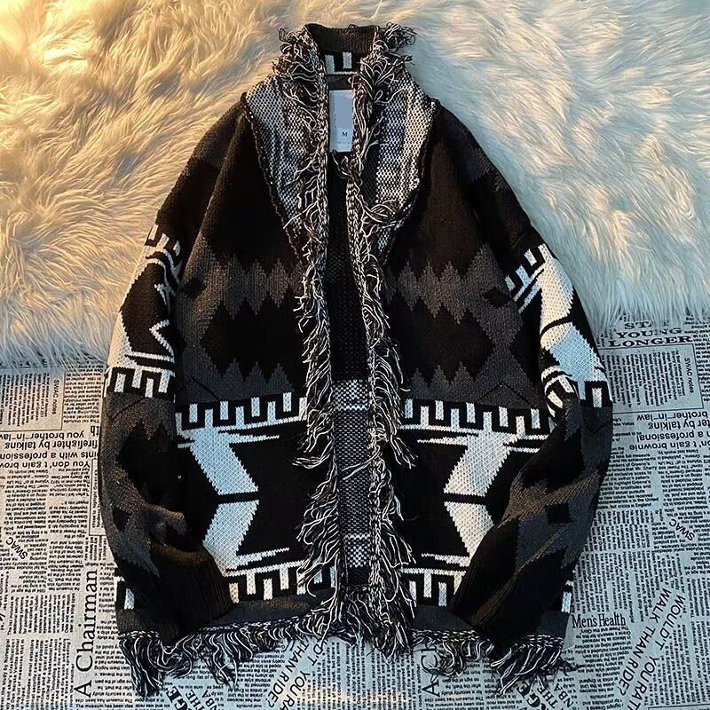 Men's Clothing retro tassel knitted cardigan jacket men spring autumn winter trendy loose lazy style casual couple sweater_voghion.com