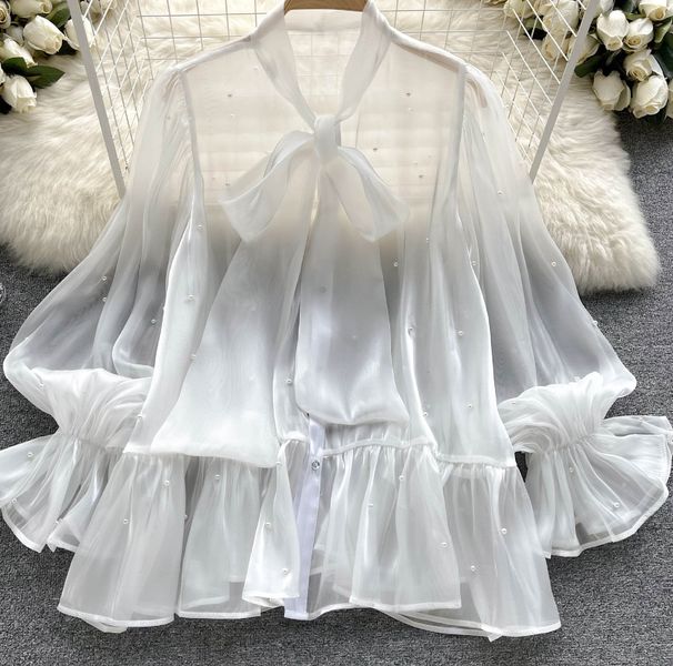 High-End-Nischen-Design Perlen Schleife Glocke Ärmel Shirt Herbst Damen Ladylike Shirt_voghion.com