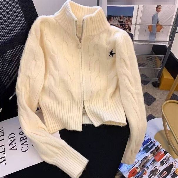 Retro Cable Knit Stand Collar Zip-Up Cardigan With Embroidered Details – Elegant Pullover For Autumn/Winter, Youthful & Chic_voghion.com