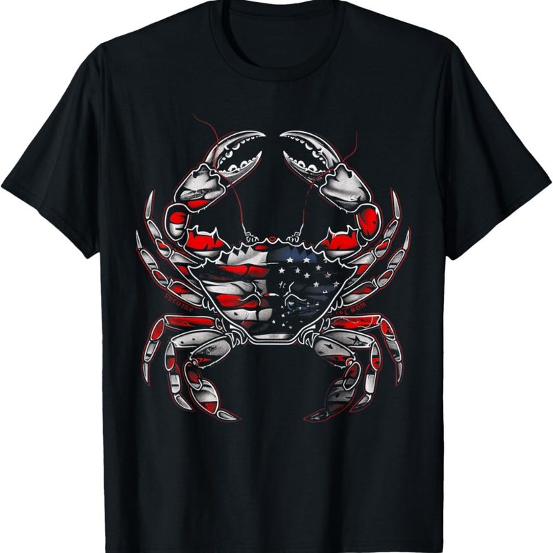 T-Shirt mit auffallendem rot-silbernem Küsten-Design der Silhouette einer Krabbenschere._voghion.com