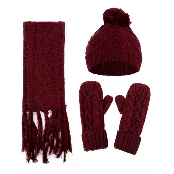 Women's Rhomboid Twist Knitted Wool Hat Scarf Gloves Three-piece Warm Simple_voghion.com