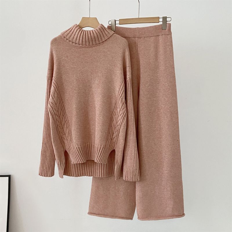 Trajes de punto para mujer, temperamento, casual, diseño dividido, suéter de cuello alto, pantalones anchos de color sólido, traje de dos piezas_voghion.com