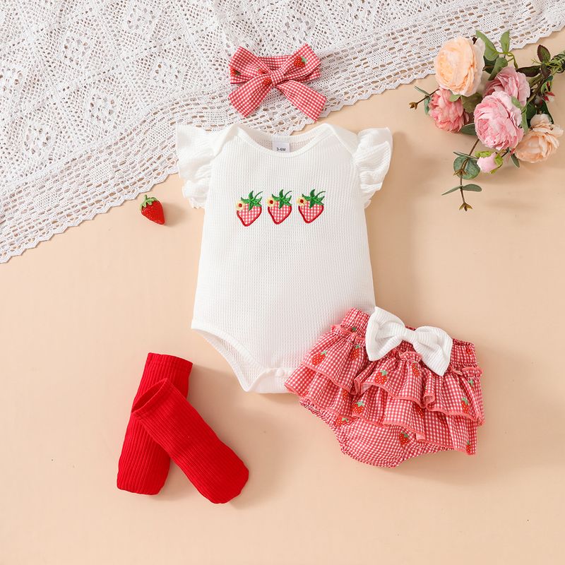 ​​"Baby Girl Waffle Knit Short Sleeve Romper With Floral Embroidery & Ruffled Shorts Set – Soft Cotton Blend, Breathable & Stylish (0-18M)"​​_voghion.com