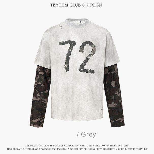 Men's Clothing washed old letter print loose long sleeves new camouflage sleeves two piece t shirt American style_voghion.com