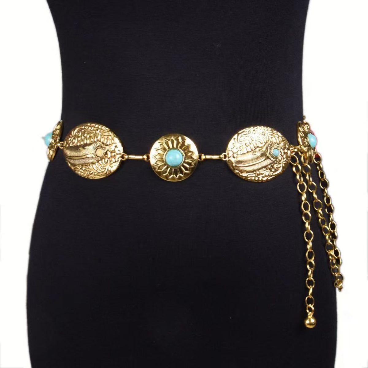 Corrente étnica de pedra Songhua para cintura - Cinto retrô esculpido à mão para mulheres, saia boho e acessório decorativo_voghion.com