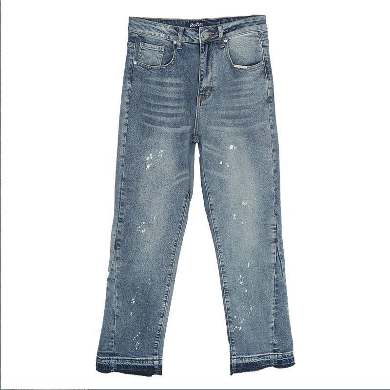 Pantaloni in denim lavato artigianale – Jeans streetwear oversize con dettagli a schizzi e usurati (S-3XL, vita media, stile utility multitasche)_voghion.com