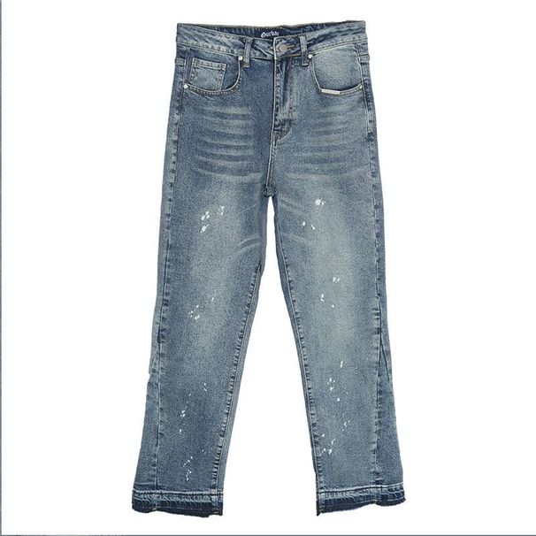 Pantaloni in denim lavato artigianale – Jeans streetwear oversize con dettagli a schizzi e usurati (S-3XL, vita media, stile utility multitasche)_voghion.com