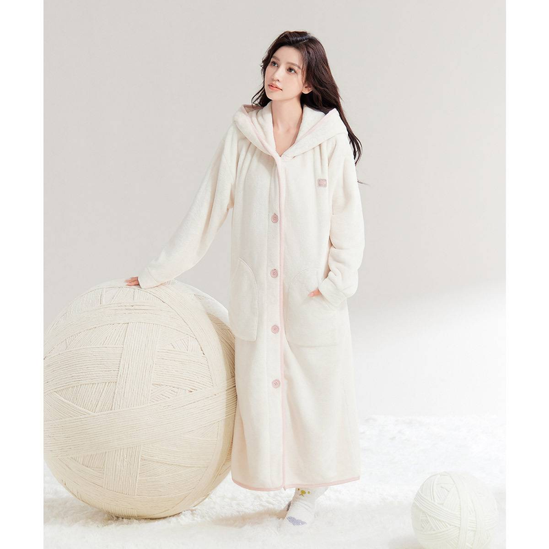 Women's Button Front Plush Fleece Hooded Robes_voghion.com