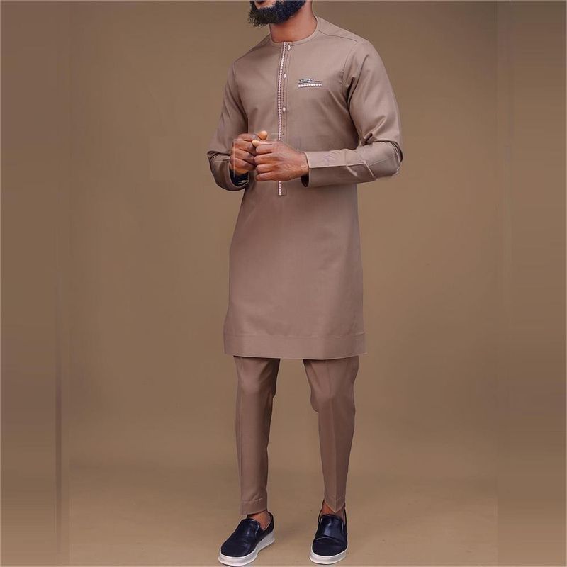 Men's jacket trousers two-piece solid color round neck embroidery long sleeves_voghion.com