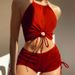 GraceChic Two-Piece For Women With High-End Feel, Flat-Crotch Swim Trunks, Halter Neck Tie, Backless Huludao Swimsuit_voghion.com