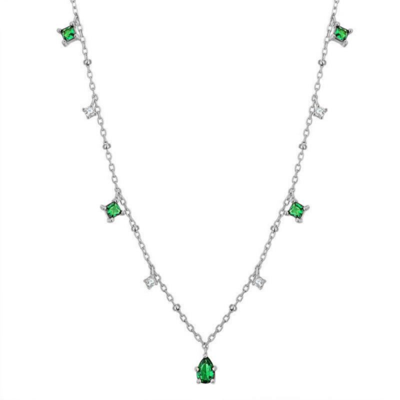 Collana da donna in argento Sterling S925, stile vintage francese, con pendente a goccia in zircone verde smeraldo, catena a strati minimalista._voghion.com